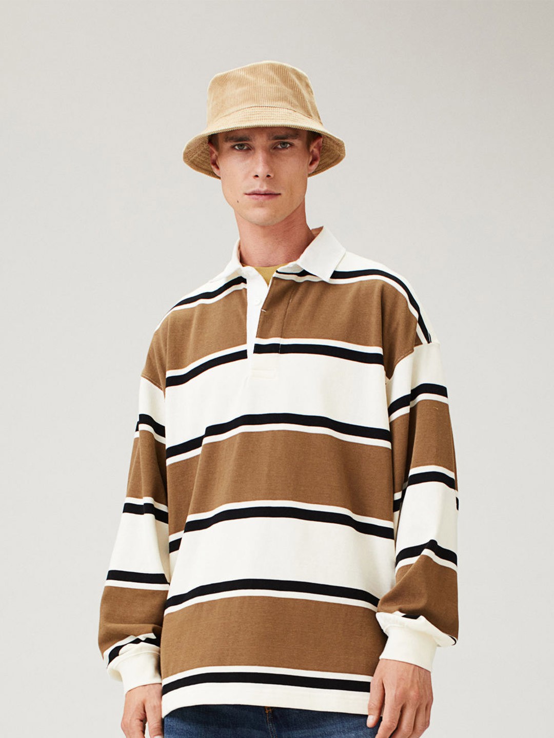

H&M Men Brown & White Striped Oversized Fit Pure Cotton Rugby Shirt