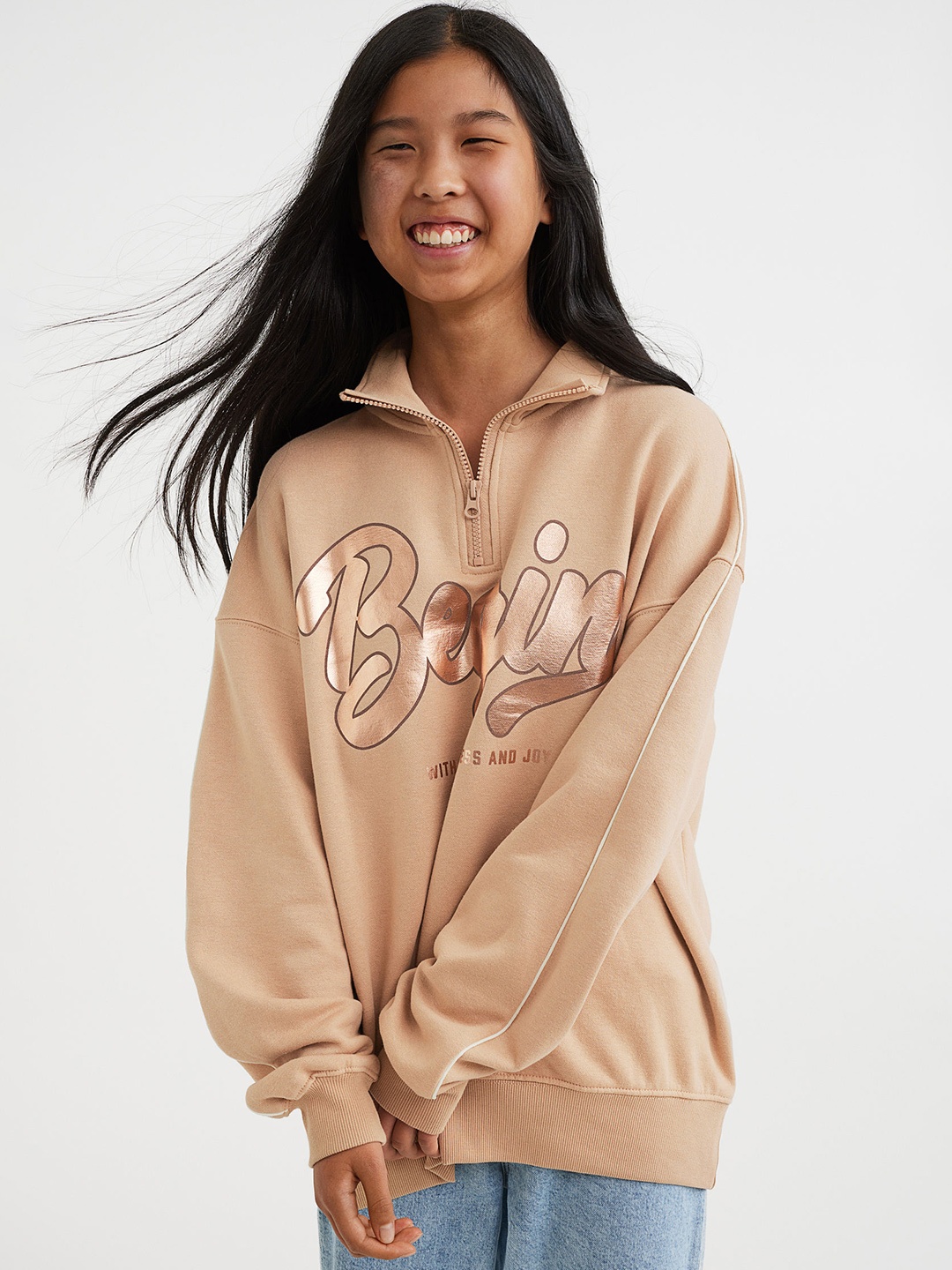 

H&M Girls Beige Oversized Zip-Top Sweatshirt