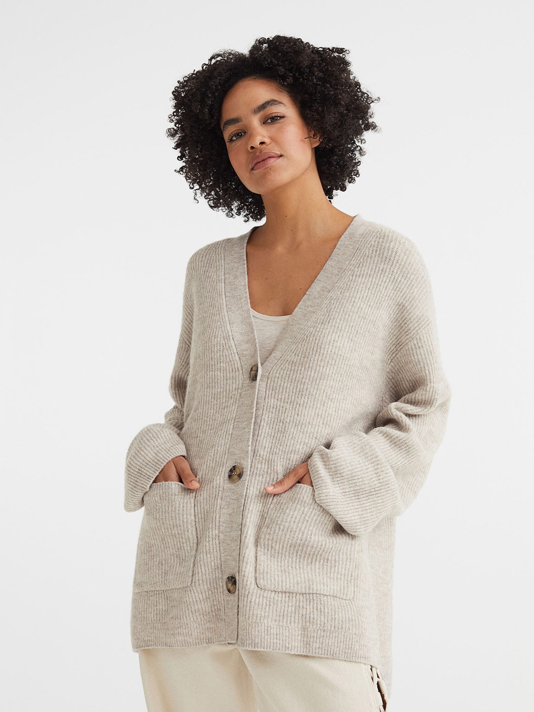 

H&M Women Beige Rib-Knit Cardigan
