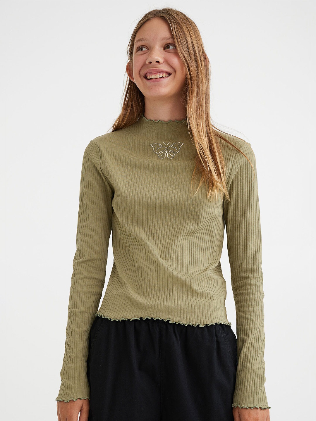 

H&M Girls Olive Green Long-Sleeved Top