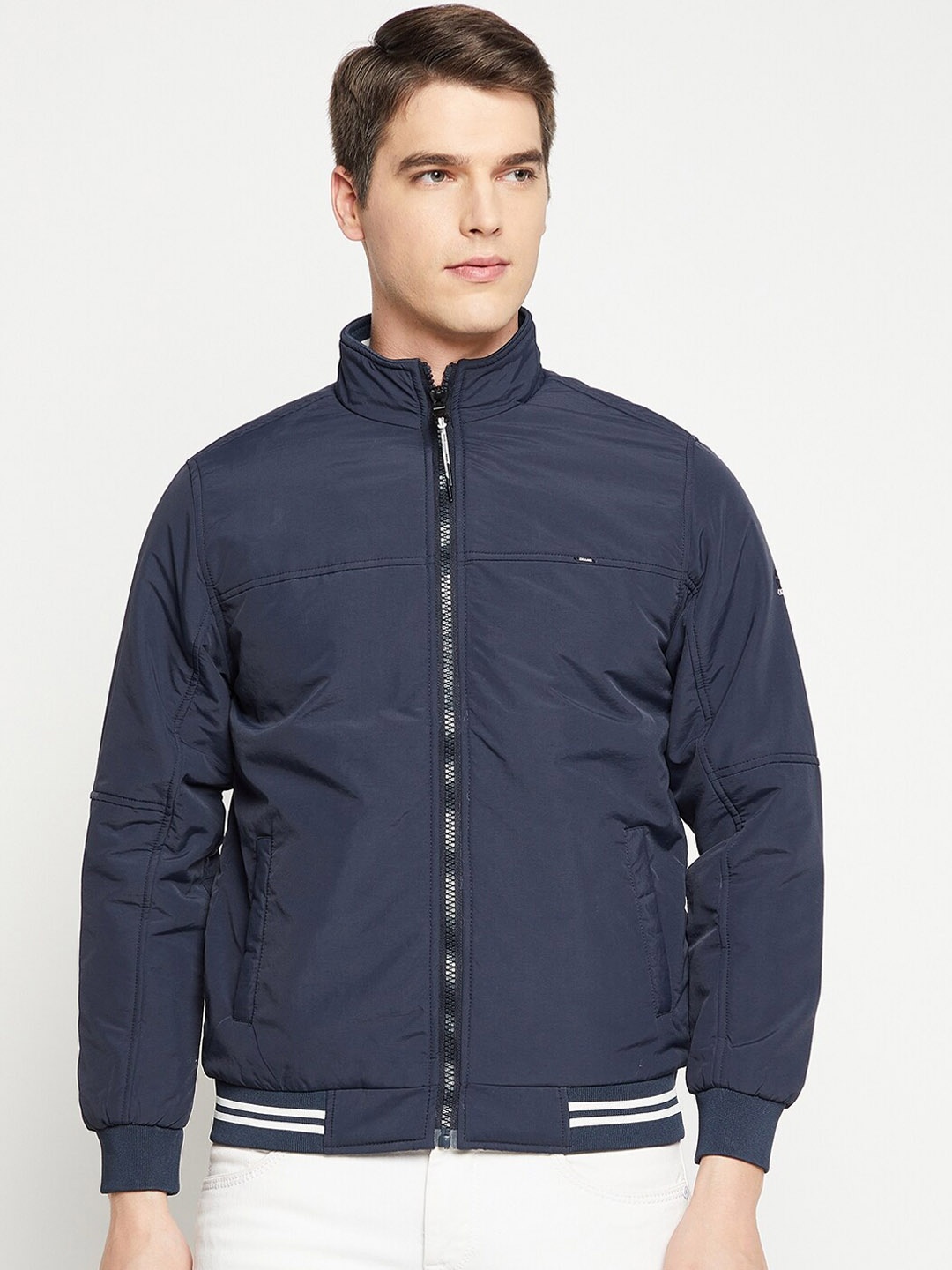 

Okane Men Navy Blue Bomber with Embroidered Jacket