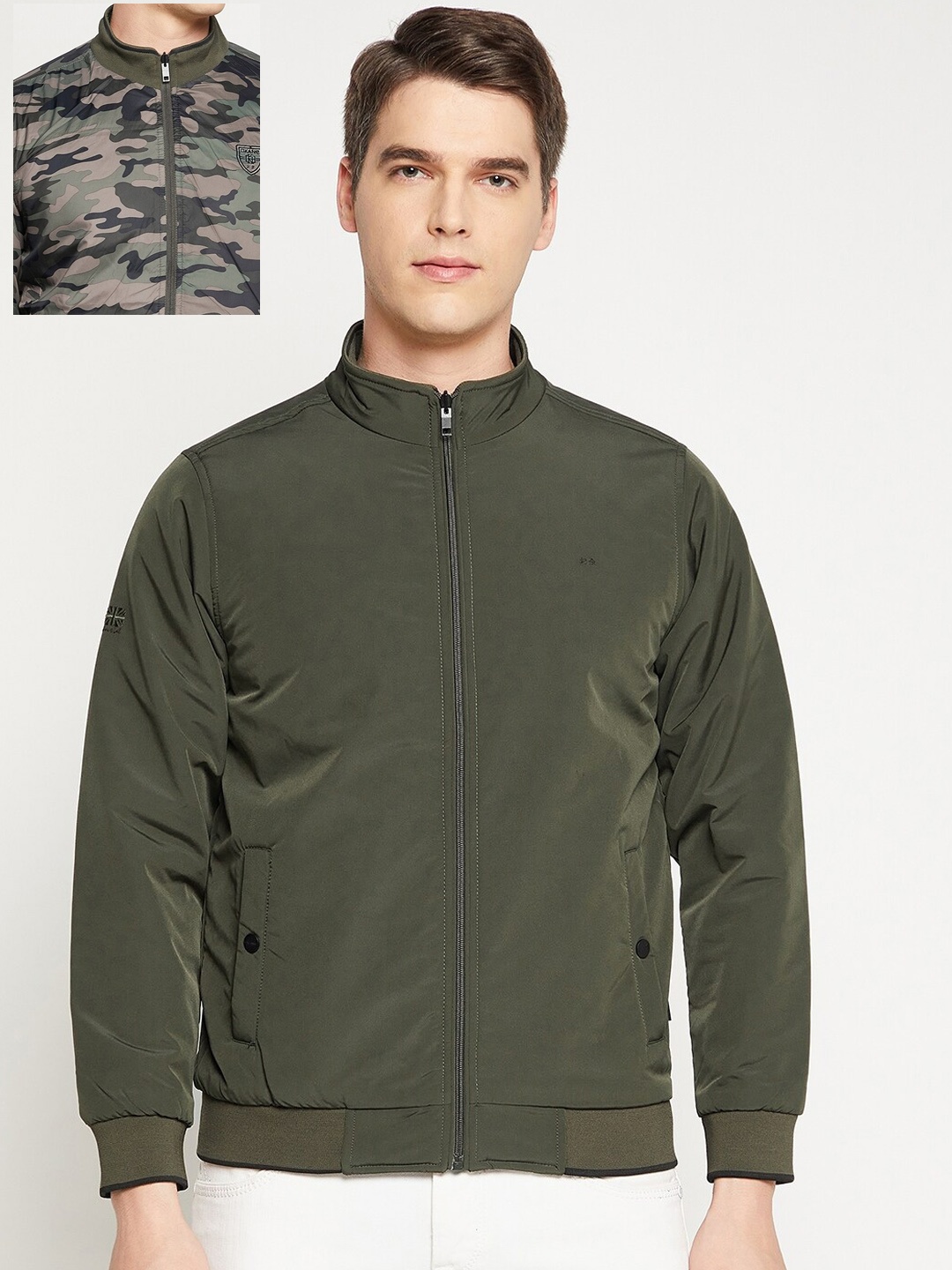 

Okane Men Olive Green & Grey Camouflage Reversible Bomber Jacket