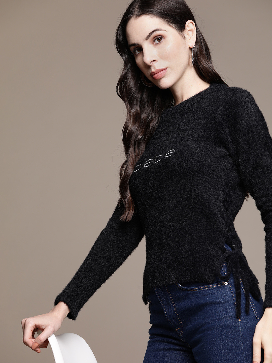 

bebe Women Black Season Staples Brand Logo Embroidered Fuzzy Pullover
