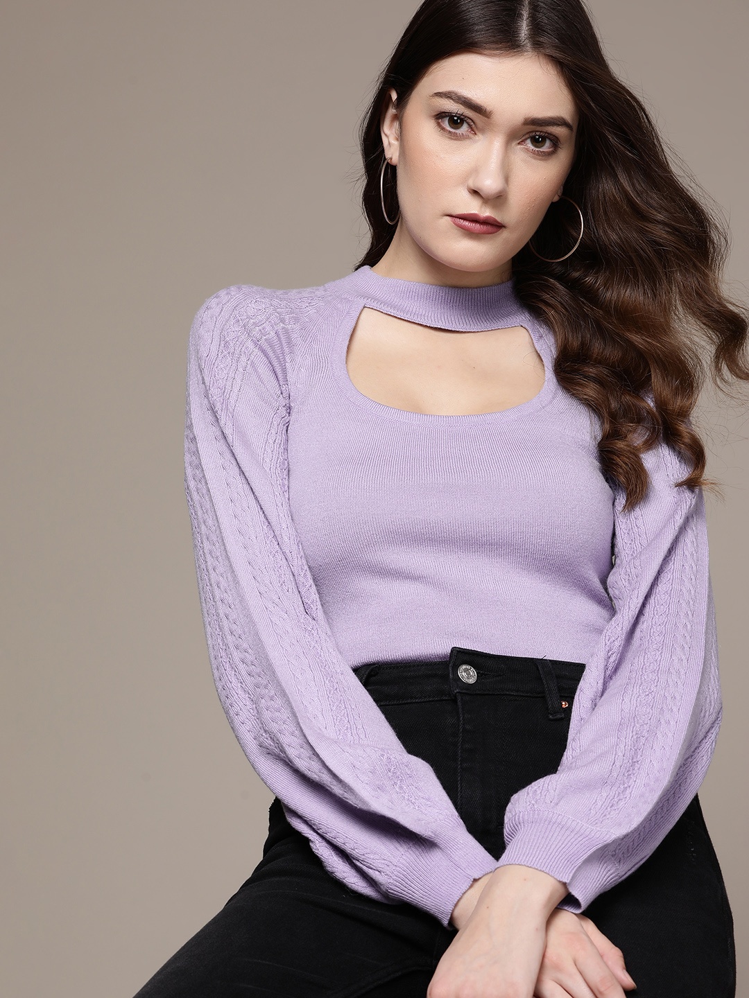 

bebe Women Soft Lavender All Day Cable Knit Puff Sleeves Choker Neck Pullover