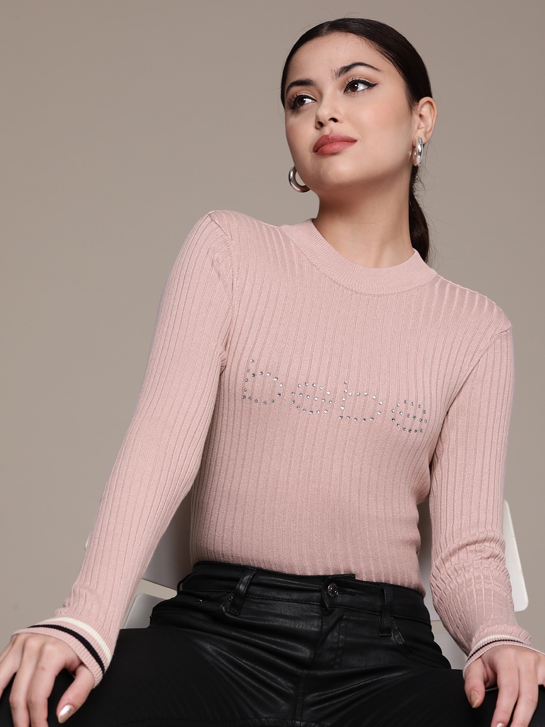 

bebe Women Dusty Pink Typography Embellished Pullover, Rose