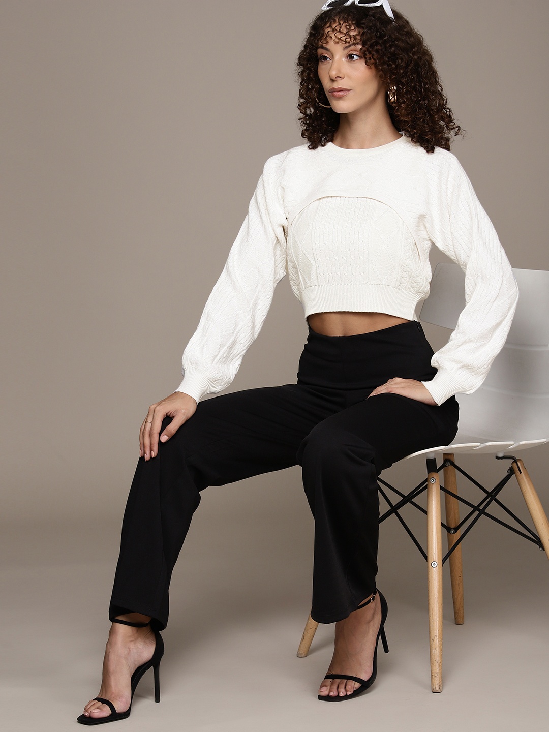 

bebe All Day Cable Knit 2-in-1 Crop Pullover, White