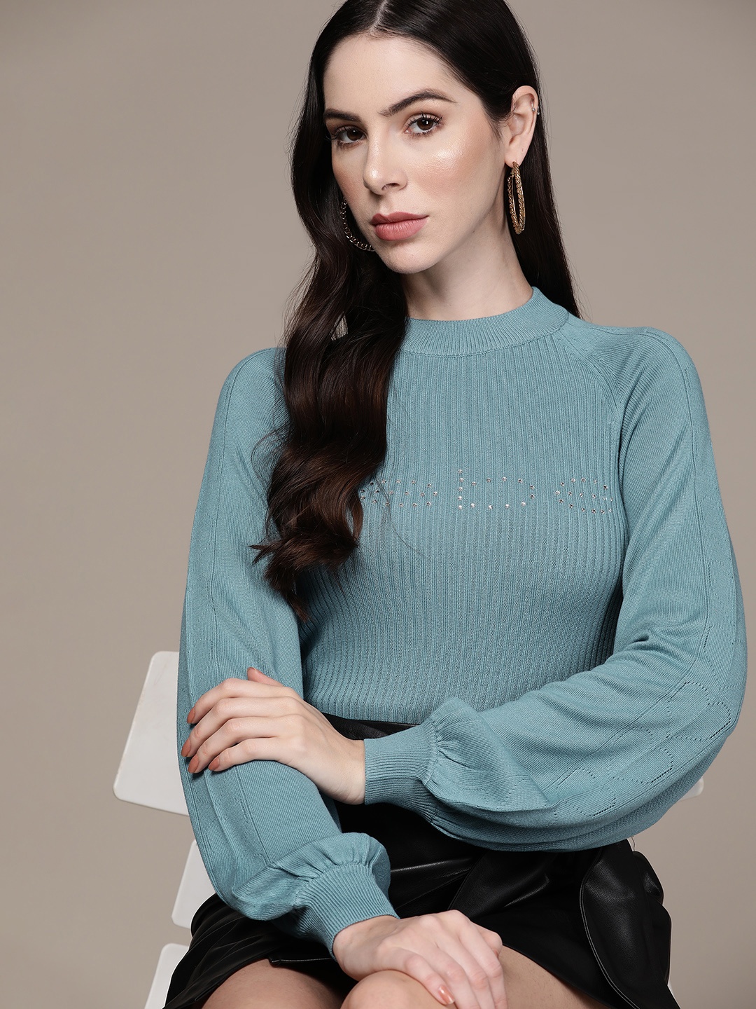 

bebe Women Daylight Blue Season Staples Solid Ribbed Pullover with Logo Embellished Detail