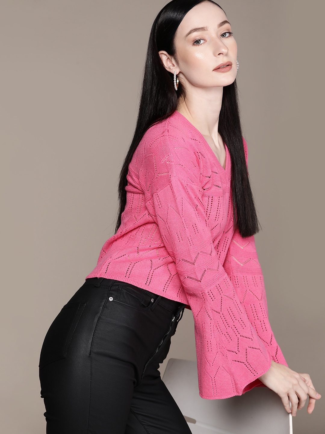 

bebe Women Pink Punch Brighter Basics Self Design Open Knit Pullover