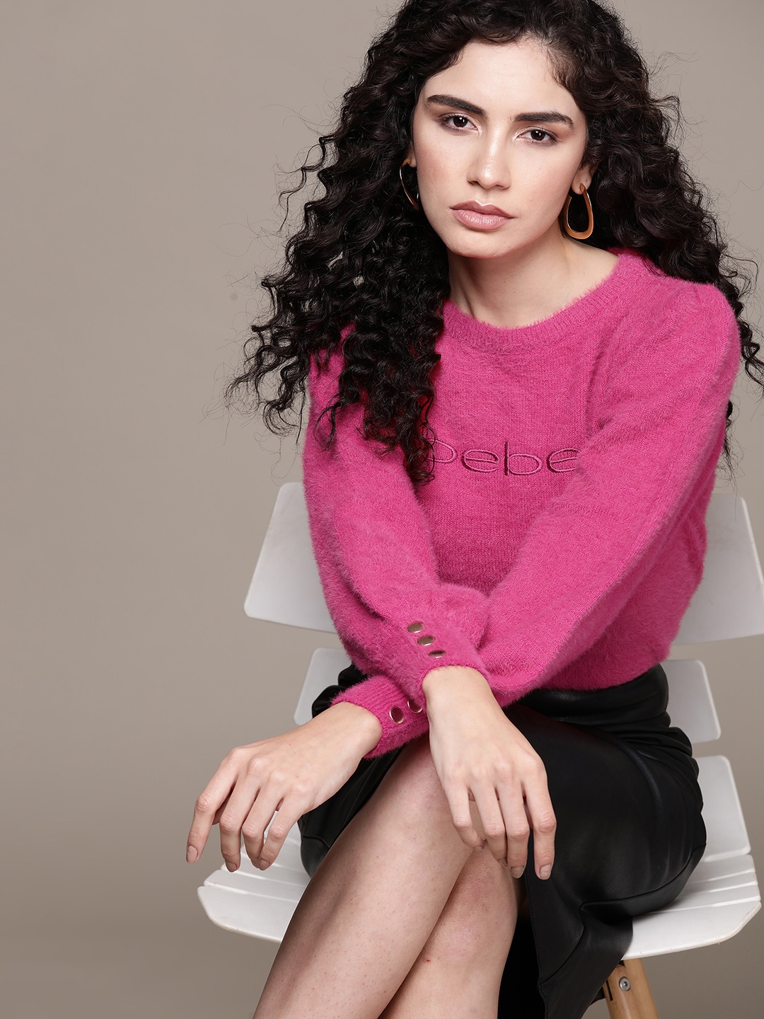 

bebe Women Hot Pink Season Staples Fuzzy Pullover