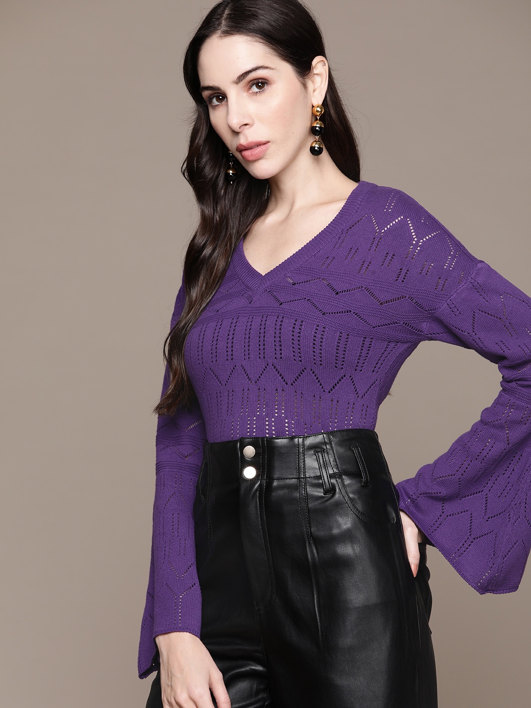 

bebe Women Brighter Basics Purple Open-Knit Flared Sleeves Pullover
