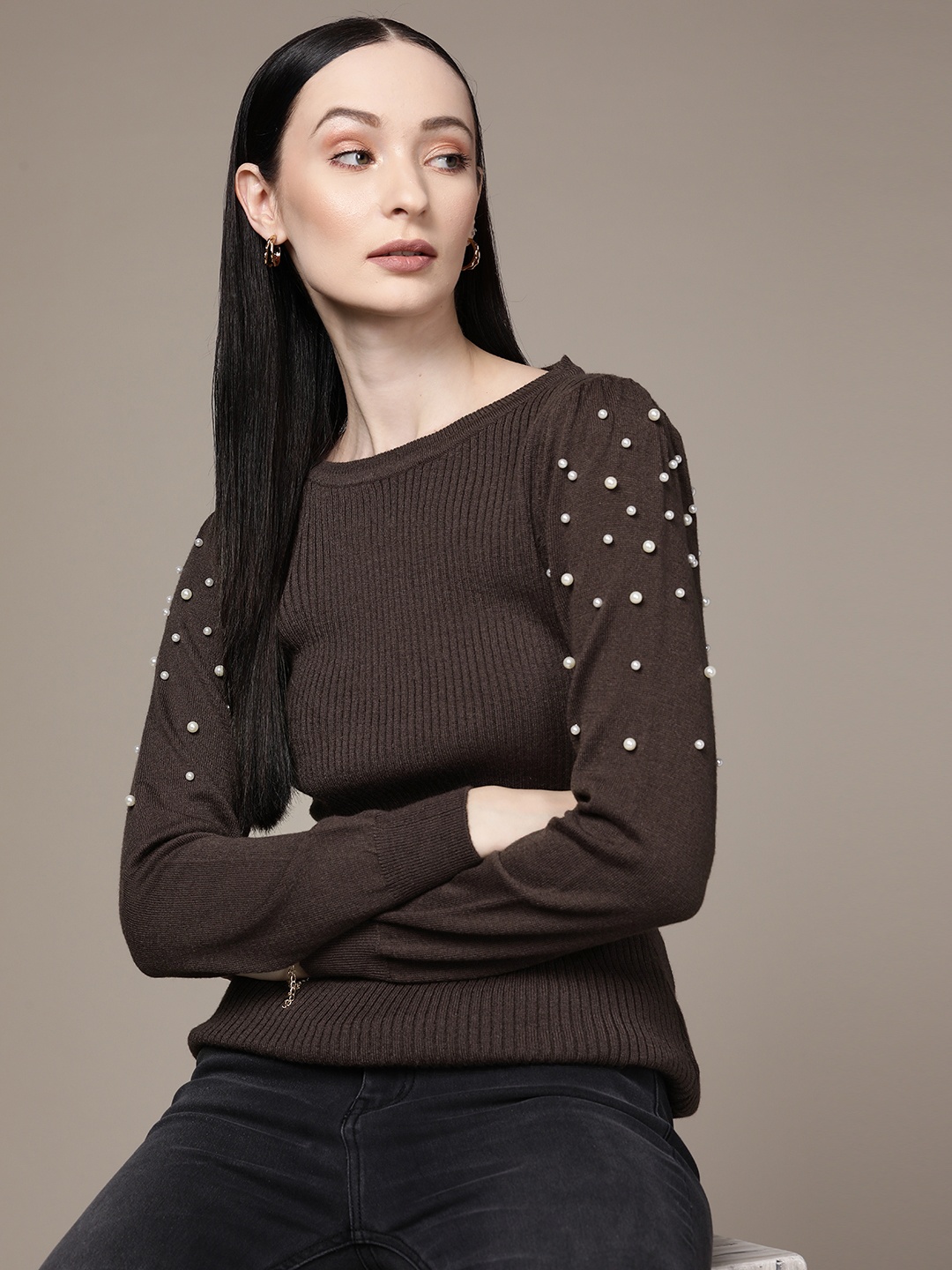 

bebe Women Chocolate Brown All Day Ribbed Sweater with Embellished Detail