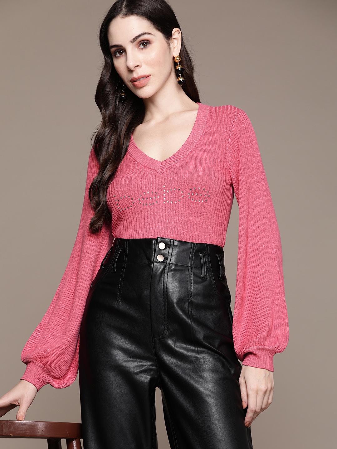 

bebe Women Pink Cosmo Season Staples Logo Embellished Pullover