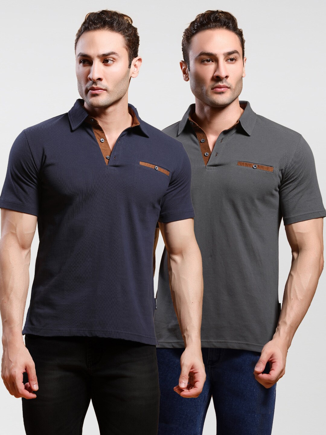 

Dream of Glory Inc Men Navy Blue & Grey Pack of 2 Polo Collar T-shirt