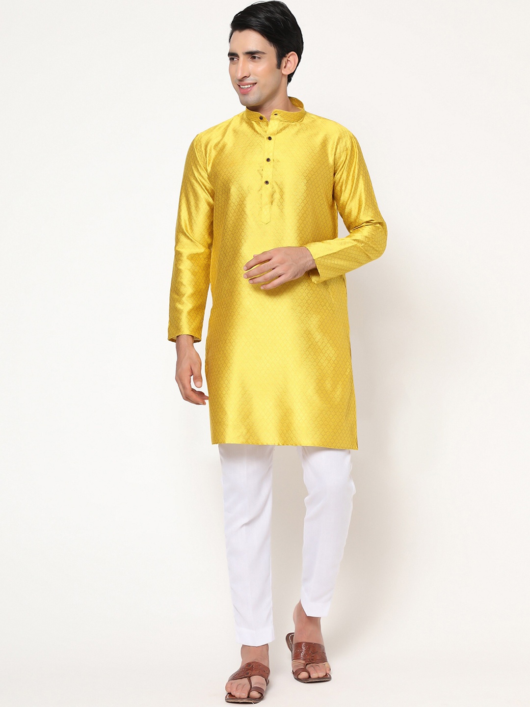 

GoStyle Men Yellow & White Pure Cotton Kurta Set