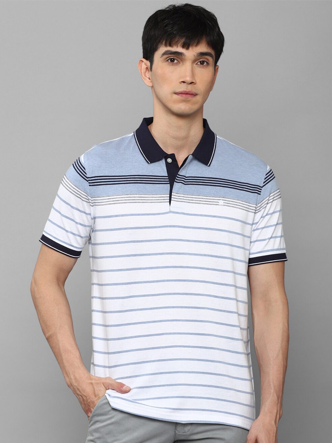 

Louis Philippe Men White & Blue Striped Polo Collar T-shirt
