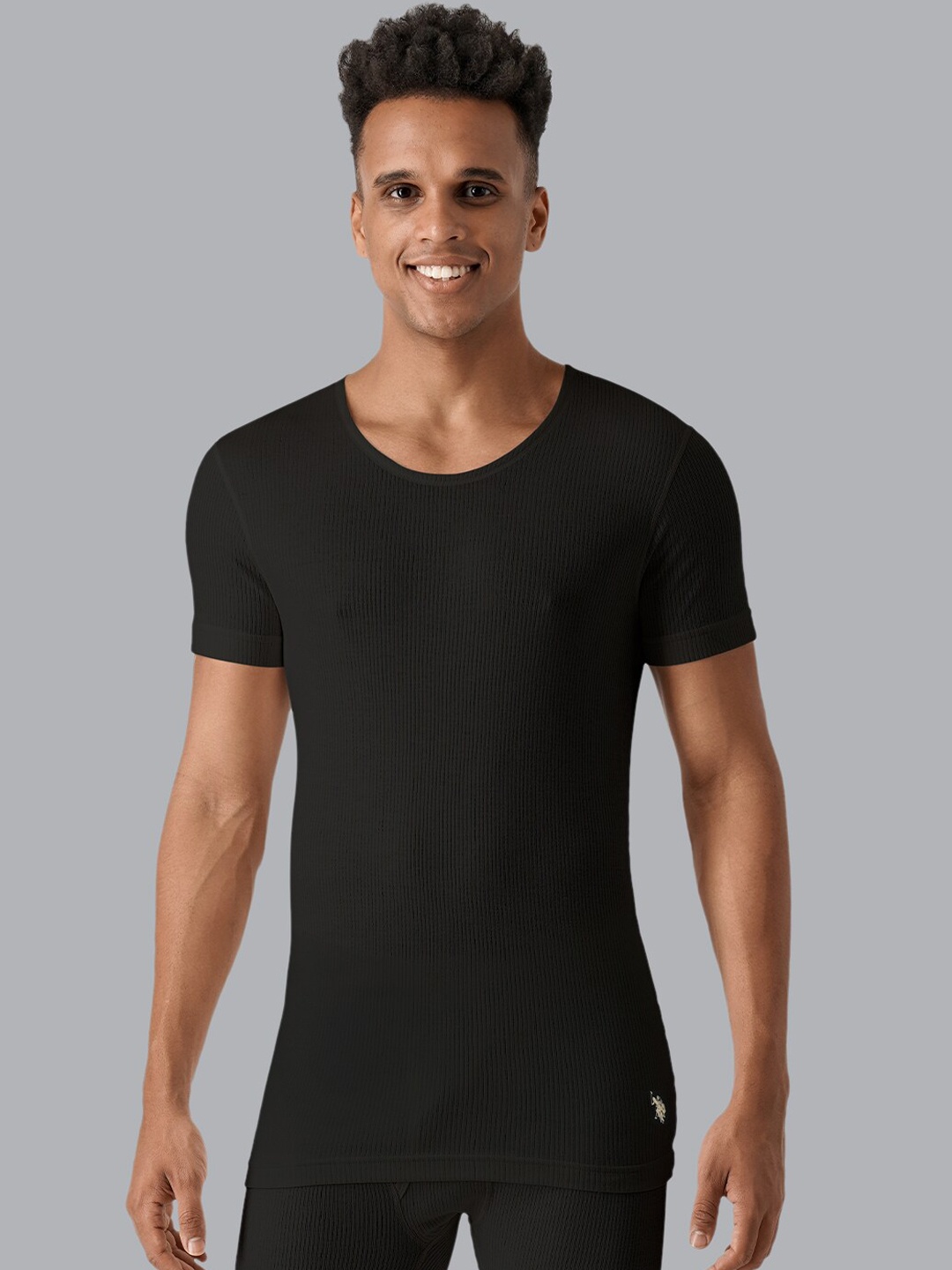 

U.S. Polo Assn. Men Black Solid Cotton Snug Fit Thermal Tops