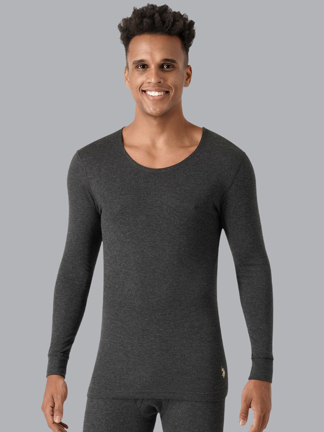 

U.S. Polo Assn. Men Grey Melange Solid Thermal Top
