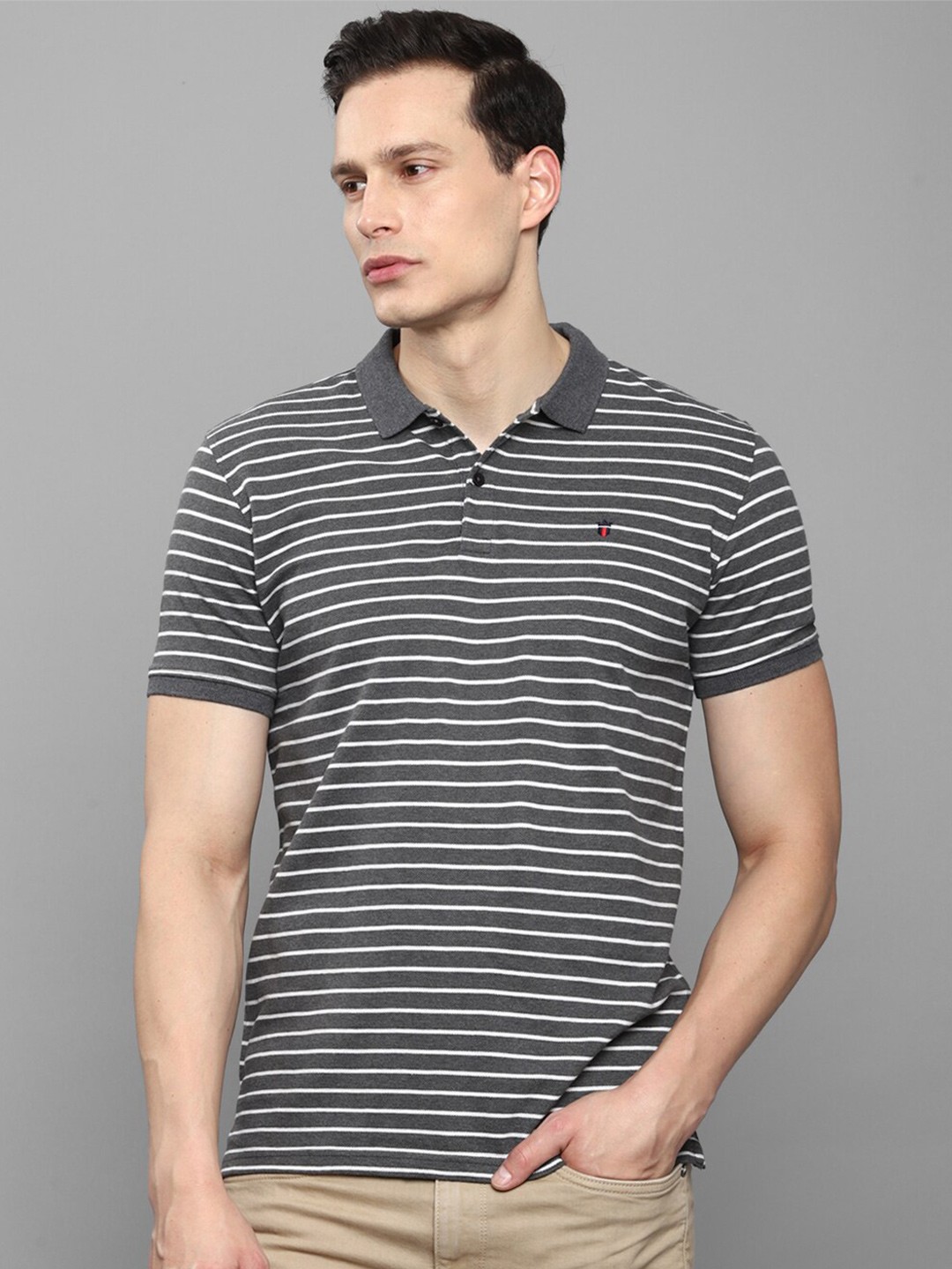 

Louis Philippe Sport Men Grey Striped Polo Collar Slim Fit T-shirt