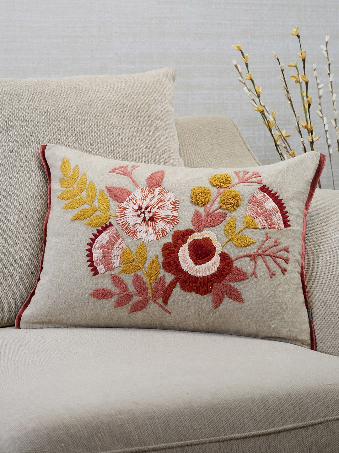 

HomeTown Cream-Coloured & Red Embroidered Rectangle Cotton Cushion Covers