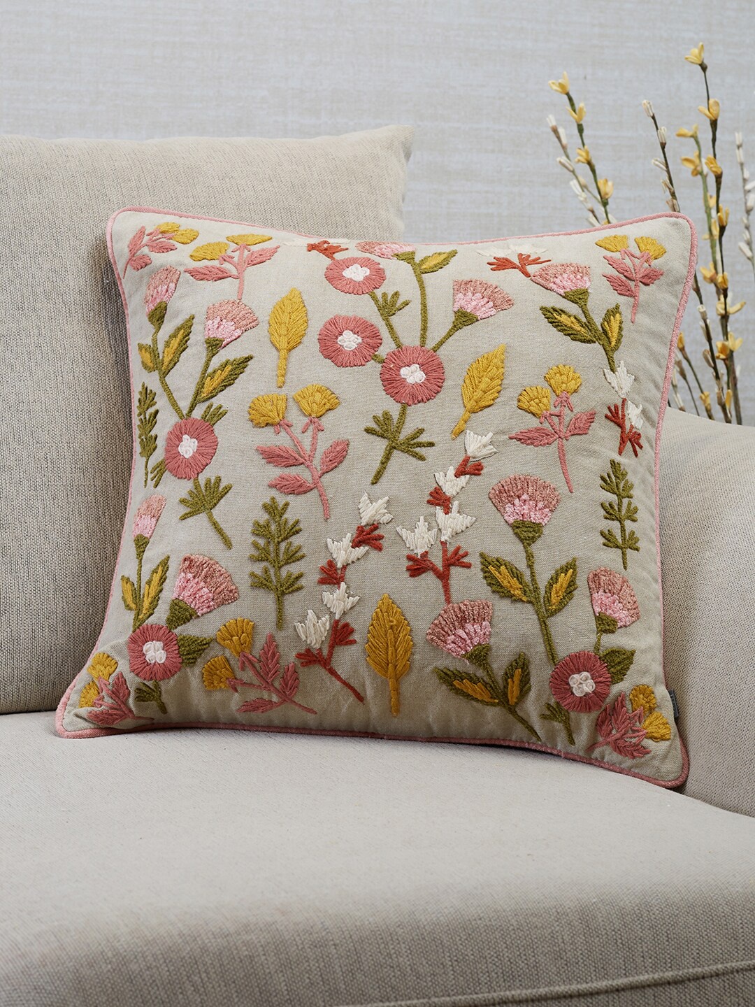 

HomeTown Off White & Rust Floral Embroidered Square Cushion Covers