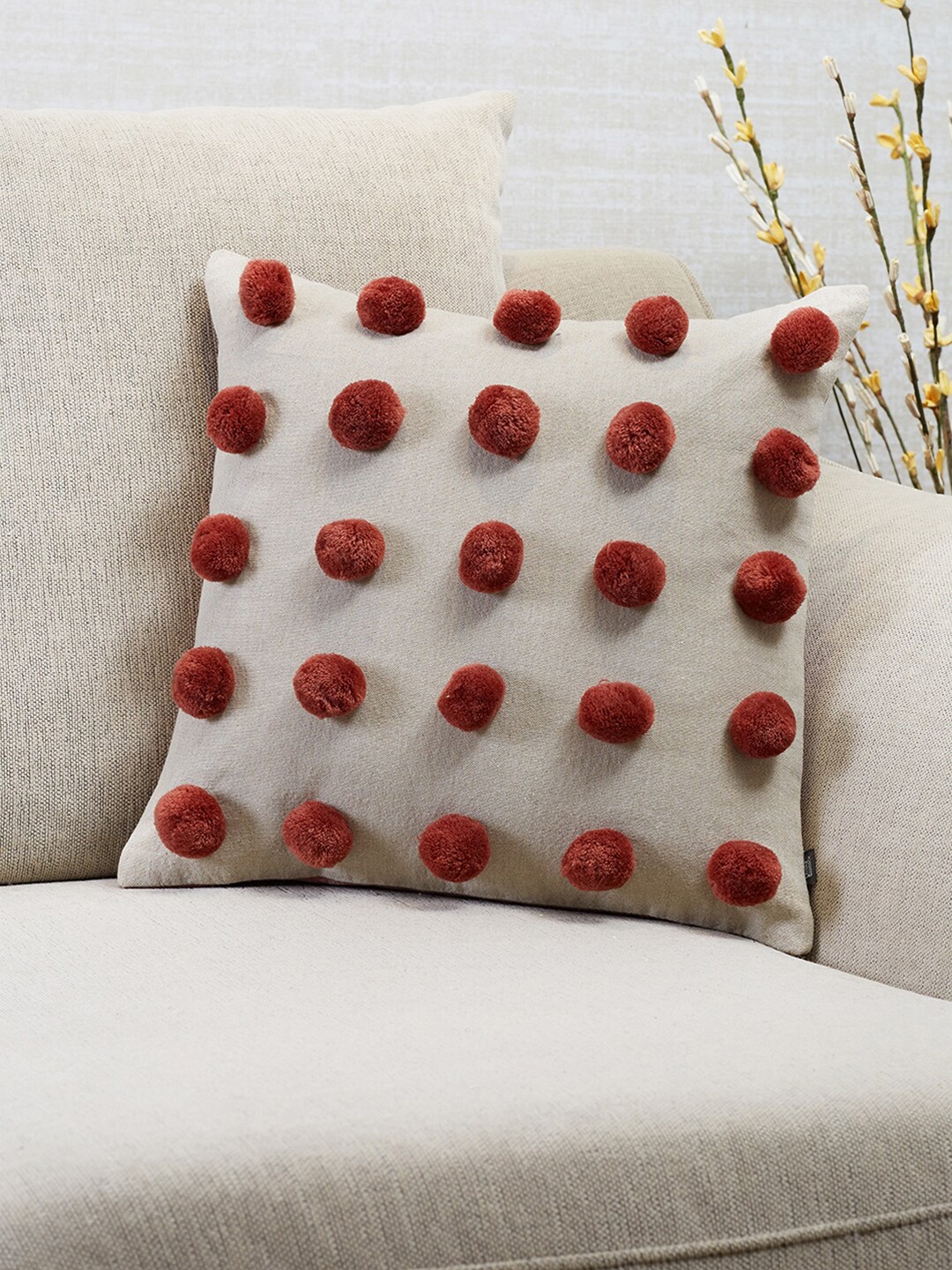 

HomeTown Boho Pom Pom Cushion Cover 40x40 Cm in Rust Colour, Orange