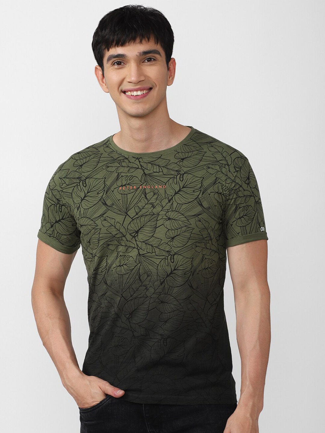 

Peter England Casuals Men Olive Green Printed Slim Fit Pure Cotton T-shirt