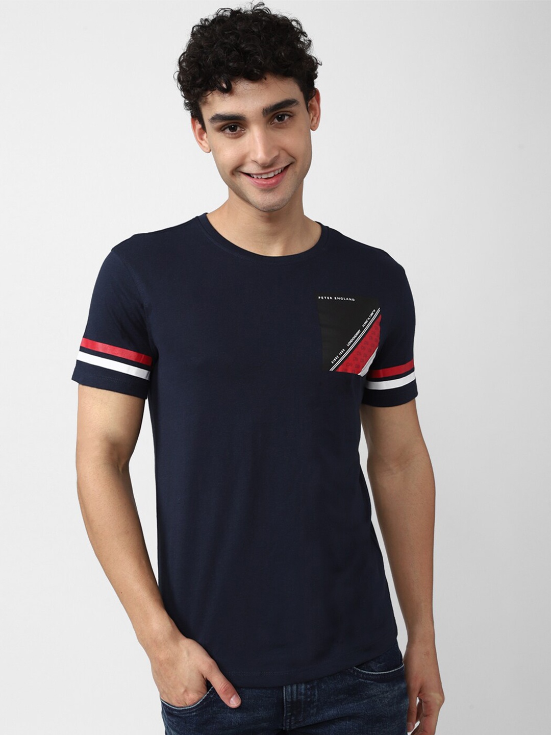 

Peter England Casuals Men Navy Blue Printed Slim Fit Cotton T-shirt