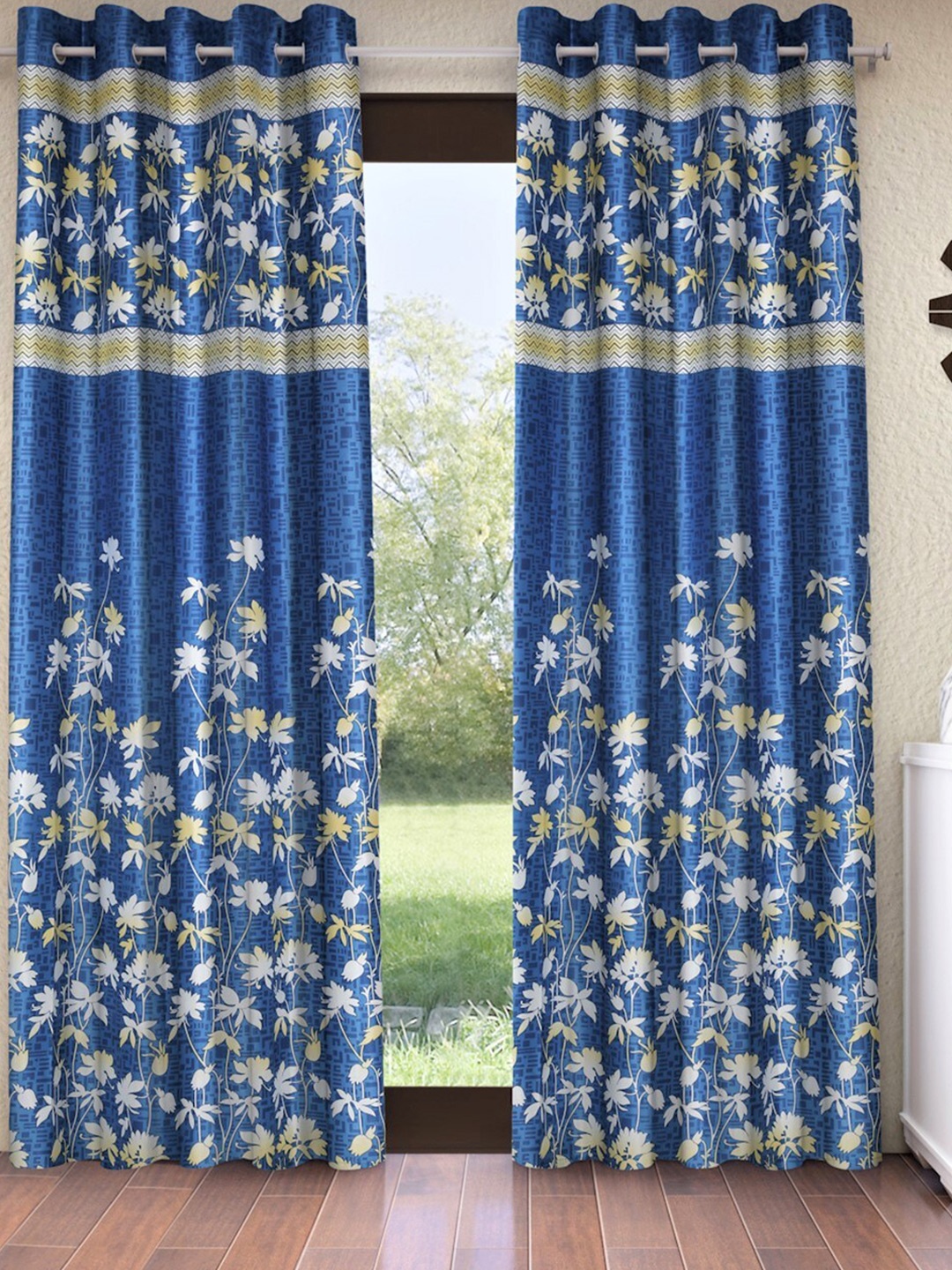 Home Sizzler Blue & White Set of 2 Floral Door Curtain