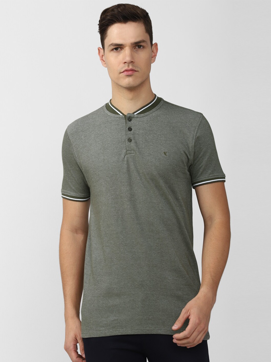 

V Dot Men Grey Mandarin Collar Slim Fit Cotton T-shirt