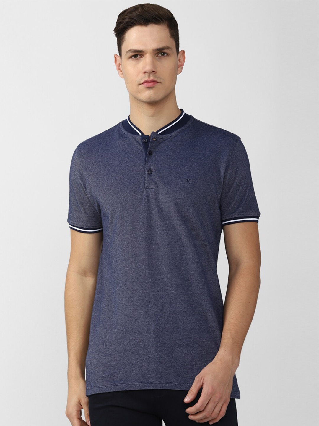 

V Dot Men Navy Blue Mandarin Collar Slim Fit Cotton T-shirt