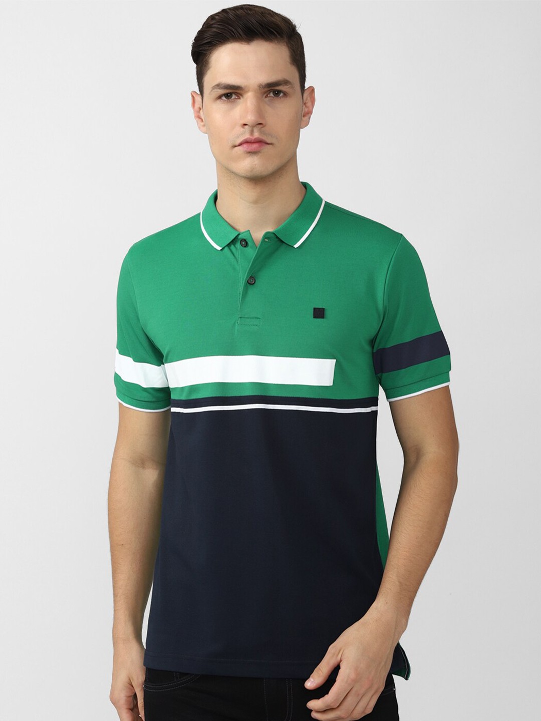

Van Heusen Sport Men Green & Blue Colourblocked Polo Collar T-shirt
