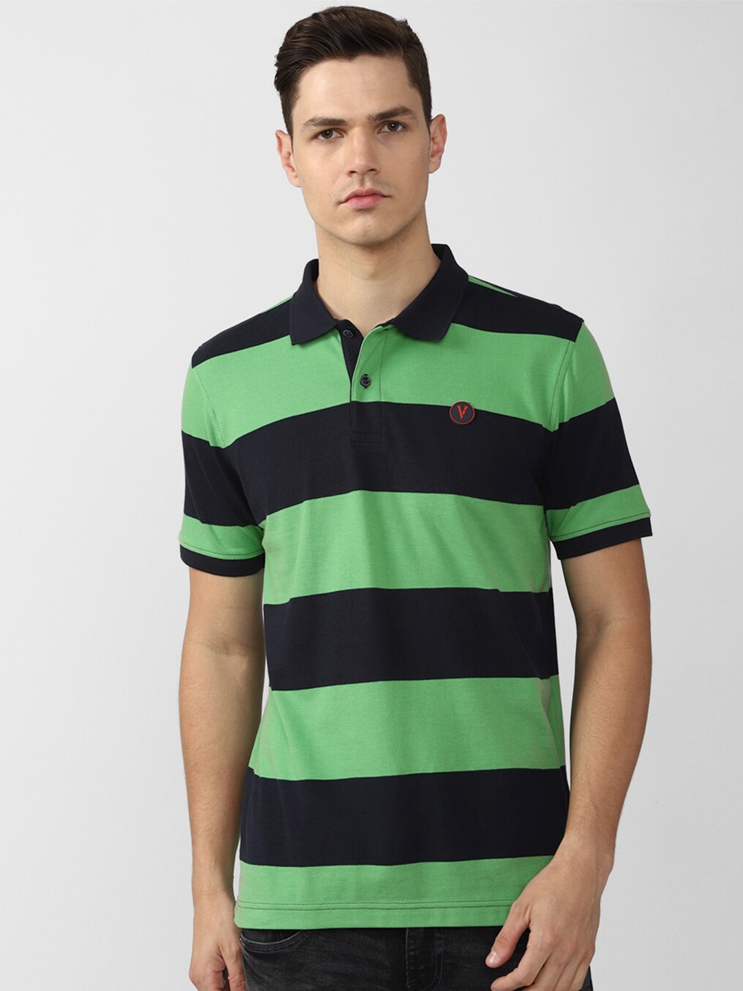 

Van Heusen Sport Men Green Striped Polo Collar T-shirt