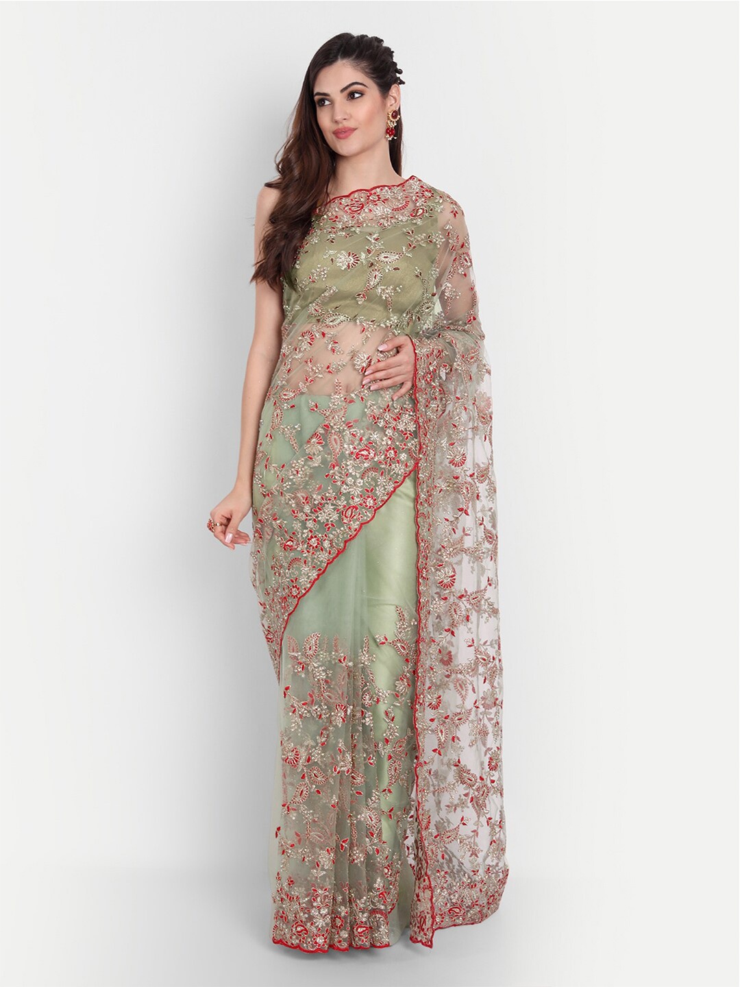 

kasee Green & Gold-Toned Floral Net Saree