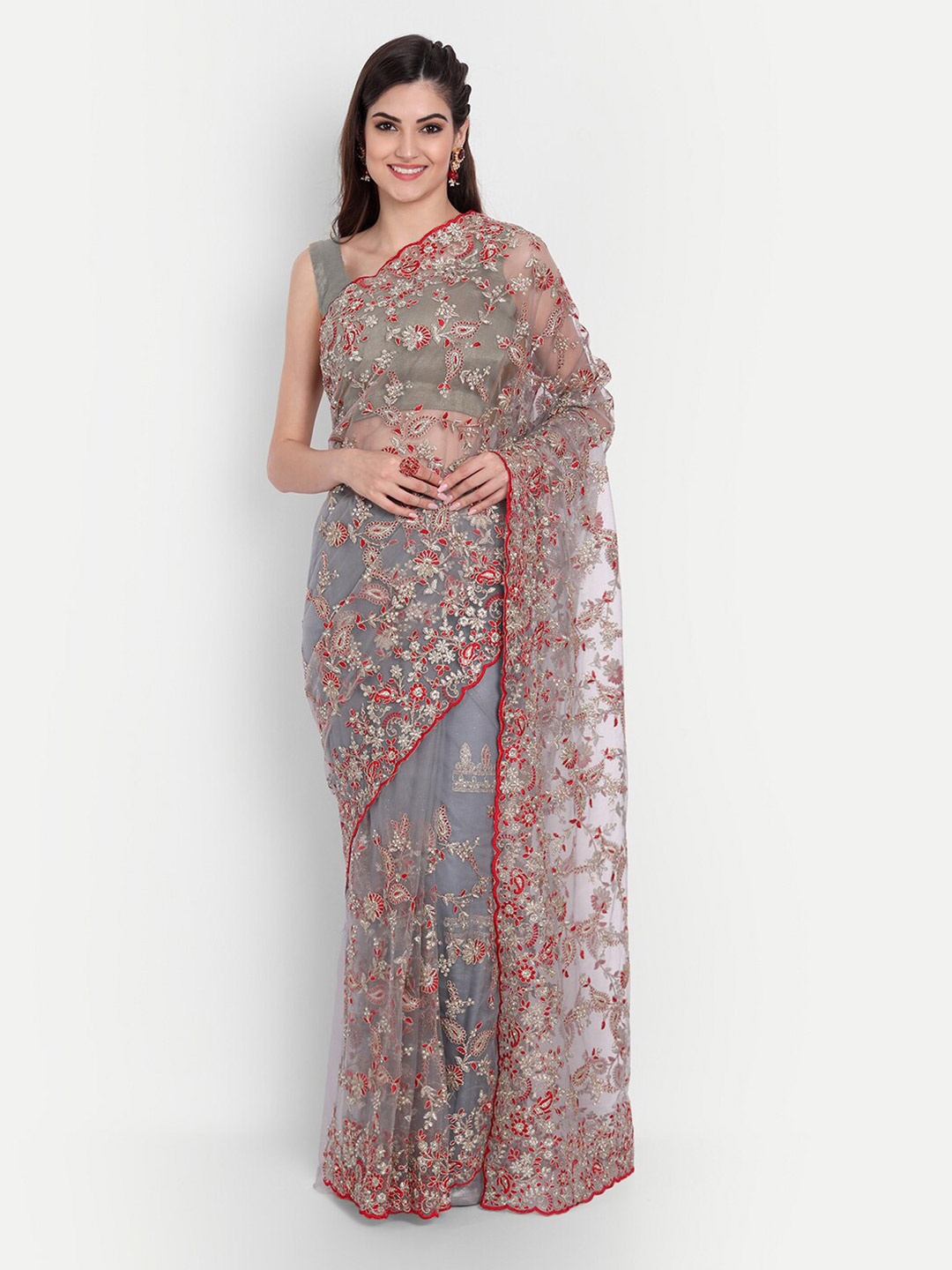 

kasee Women Grey & Gold-Toned Floral Embroidered Net Saree