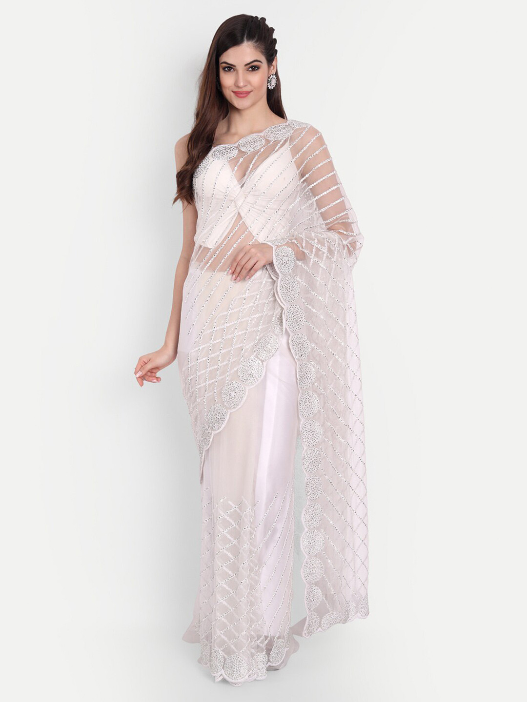 

kasee Women White Floral Embroidered Net Saree