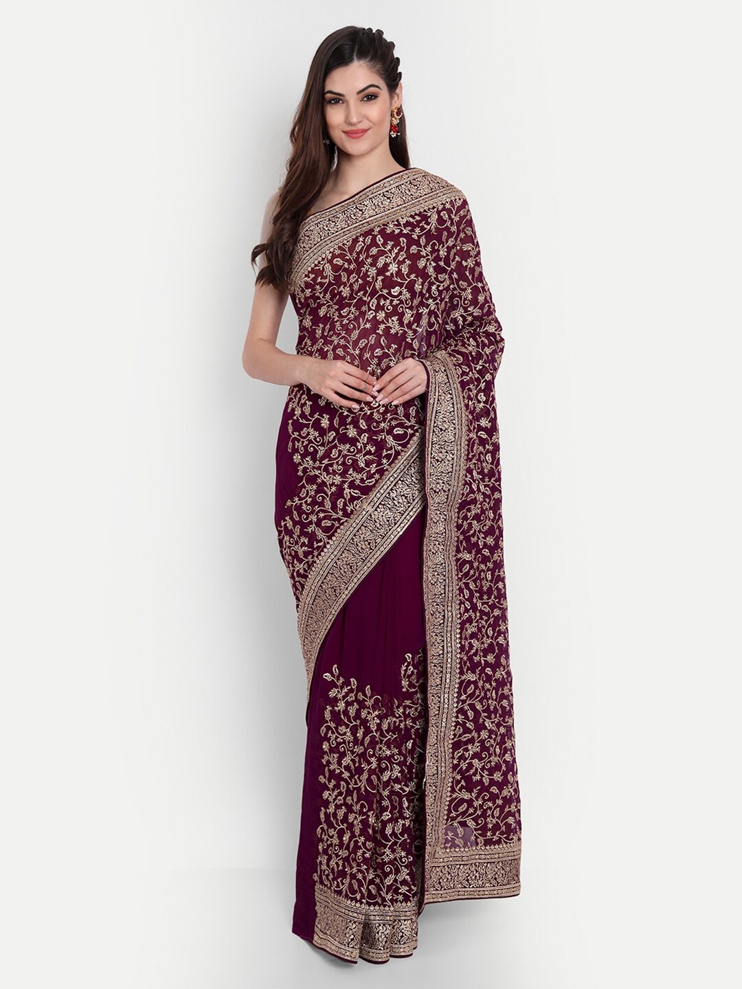 

kasee Women Maroon & Gold-Toned Floral Embroidered Pure Georgette Saree