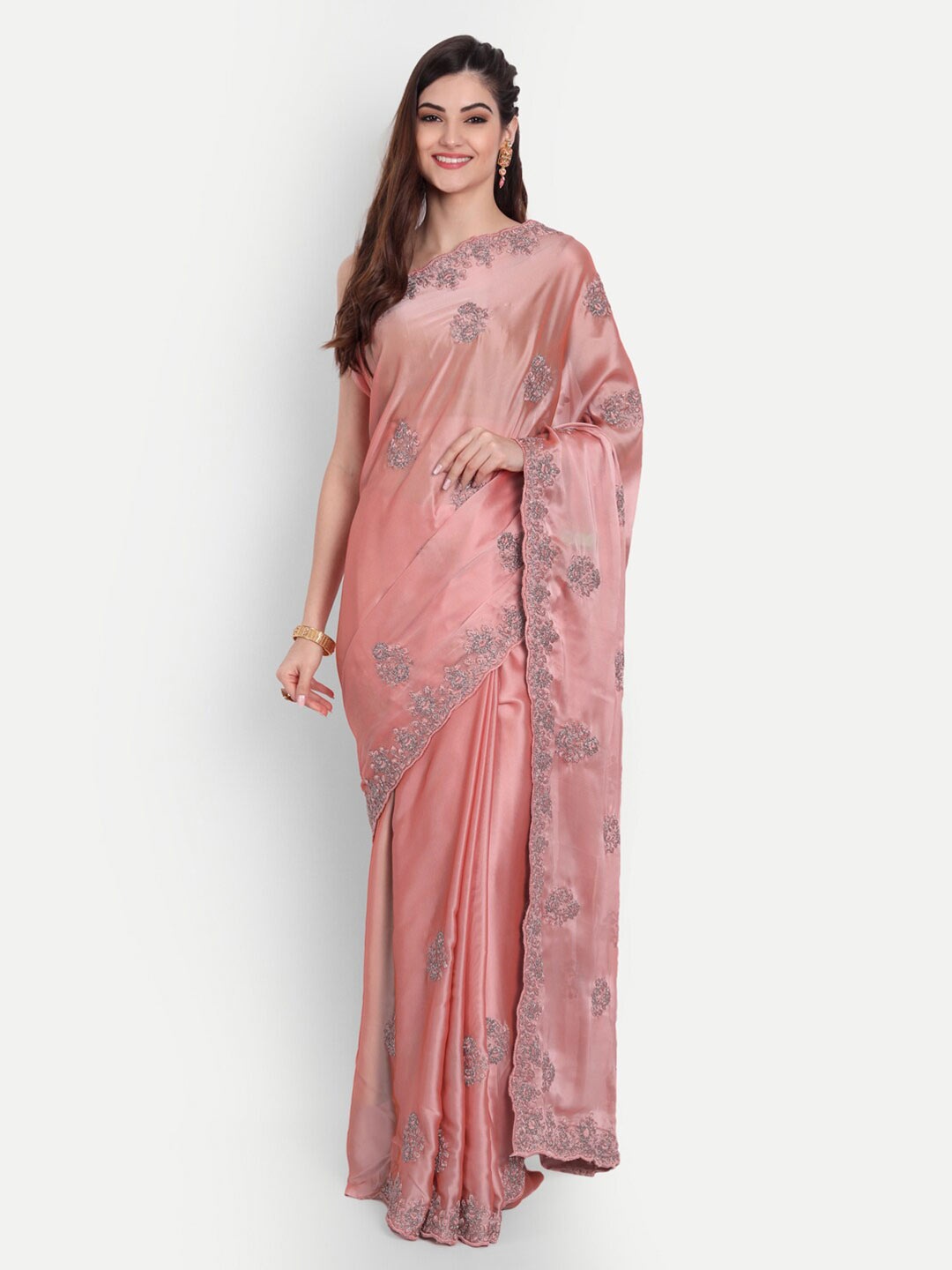 

kasee Pink & Silver-Toned Floral Embroidered Art Silk Saree