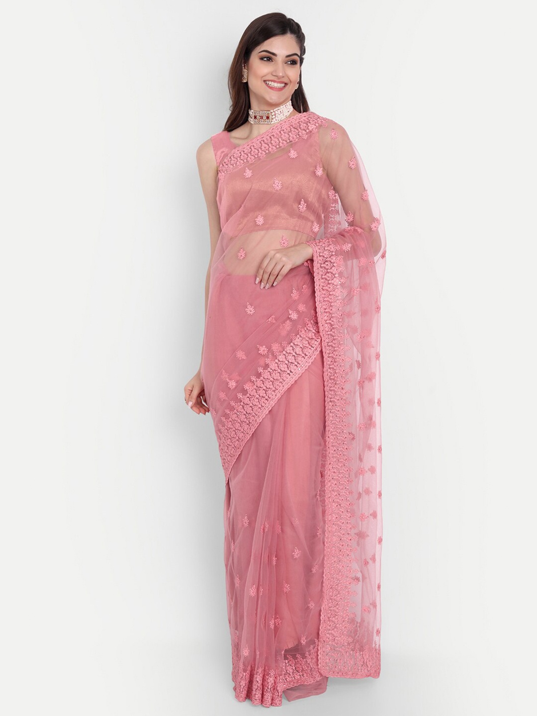 

kasee Pink & Purple Floral Embroidered Net Saree