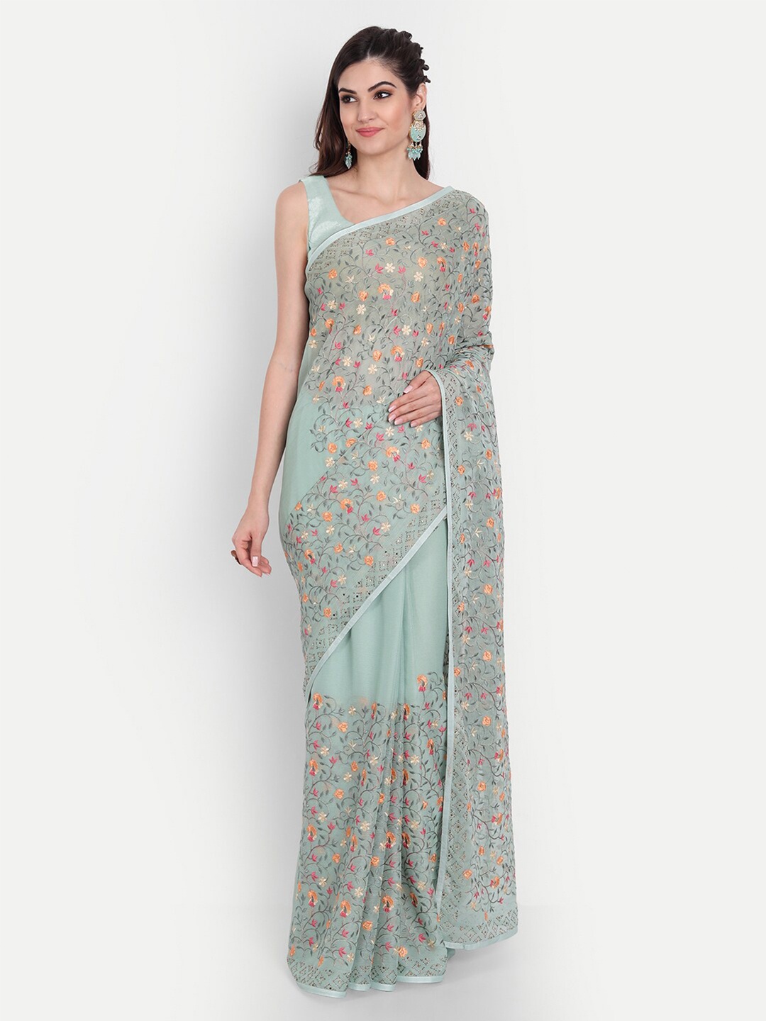 

kasee Green & Pink Floral Pure Chiffon Saree