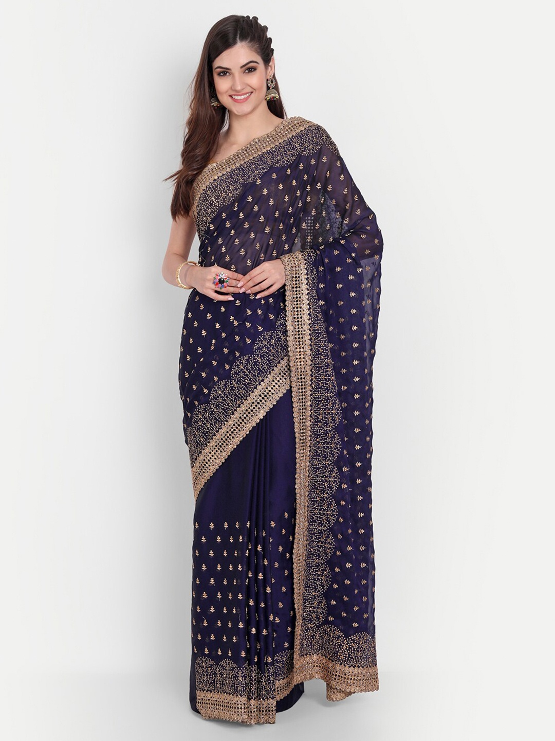 

kasee Women Blue & Gold-Toned Floral Embroidered Art Silk Saree