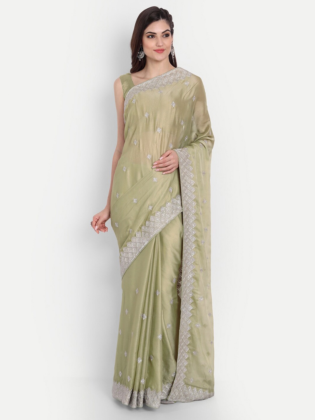 

kasee Women Green & Silver-Toned Floral Embroidered Pure Chiffon Saree