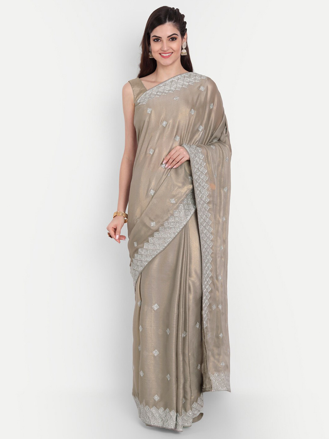 

kasee Grey & Rose Gold Ethnic Motif Embroidered Pure Chiffon Saree