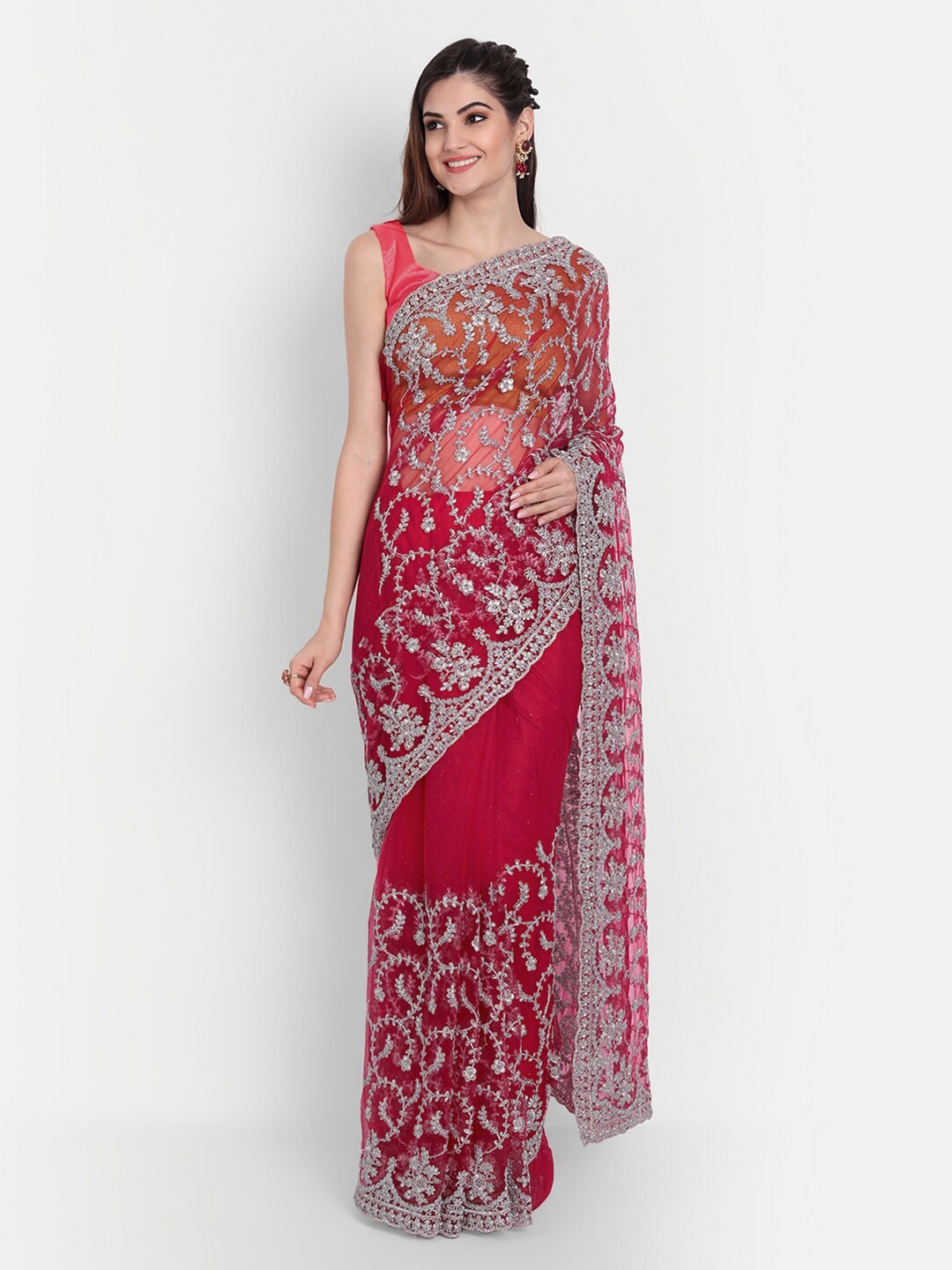 

kasee Red & Silver-Toned Floral Zari Net Heavy Work Saree