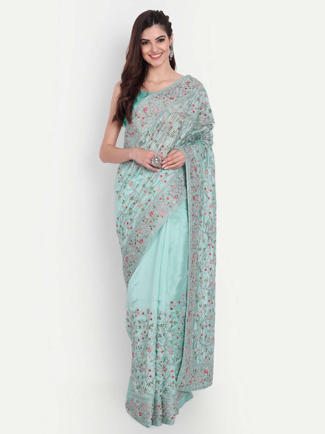 

kasee Blue & Red Floral Embroidered Organza Saree