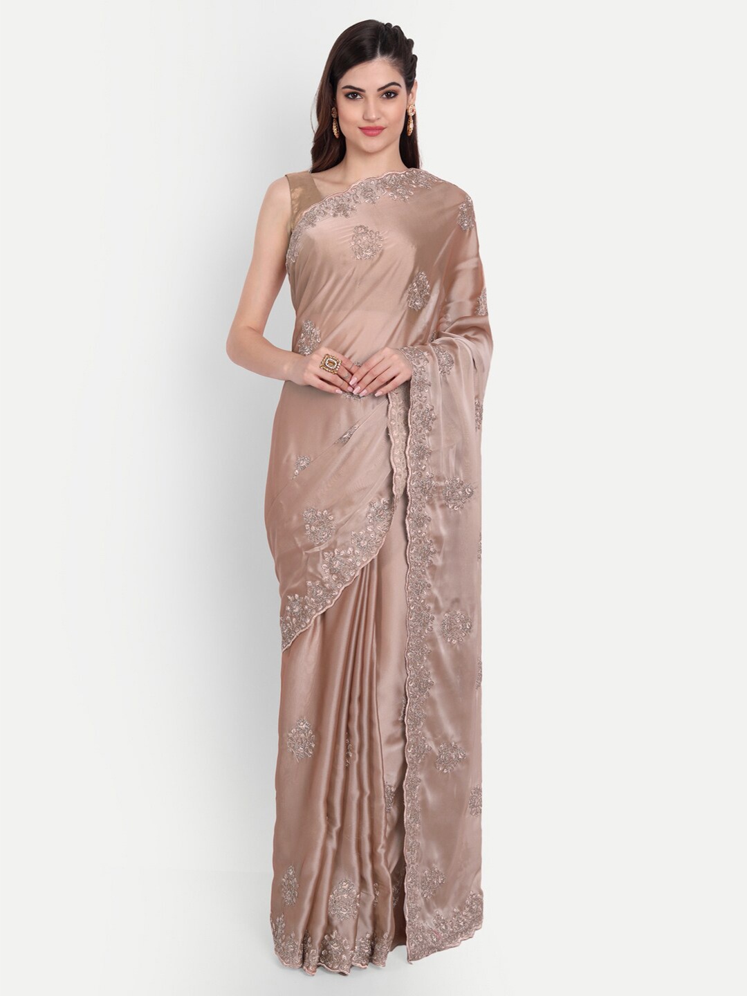 

kasee Brown & Silver-Toned Floral Embroidered Art Silk Saree