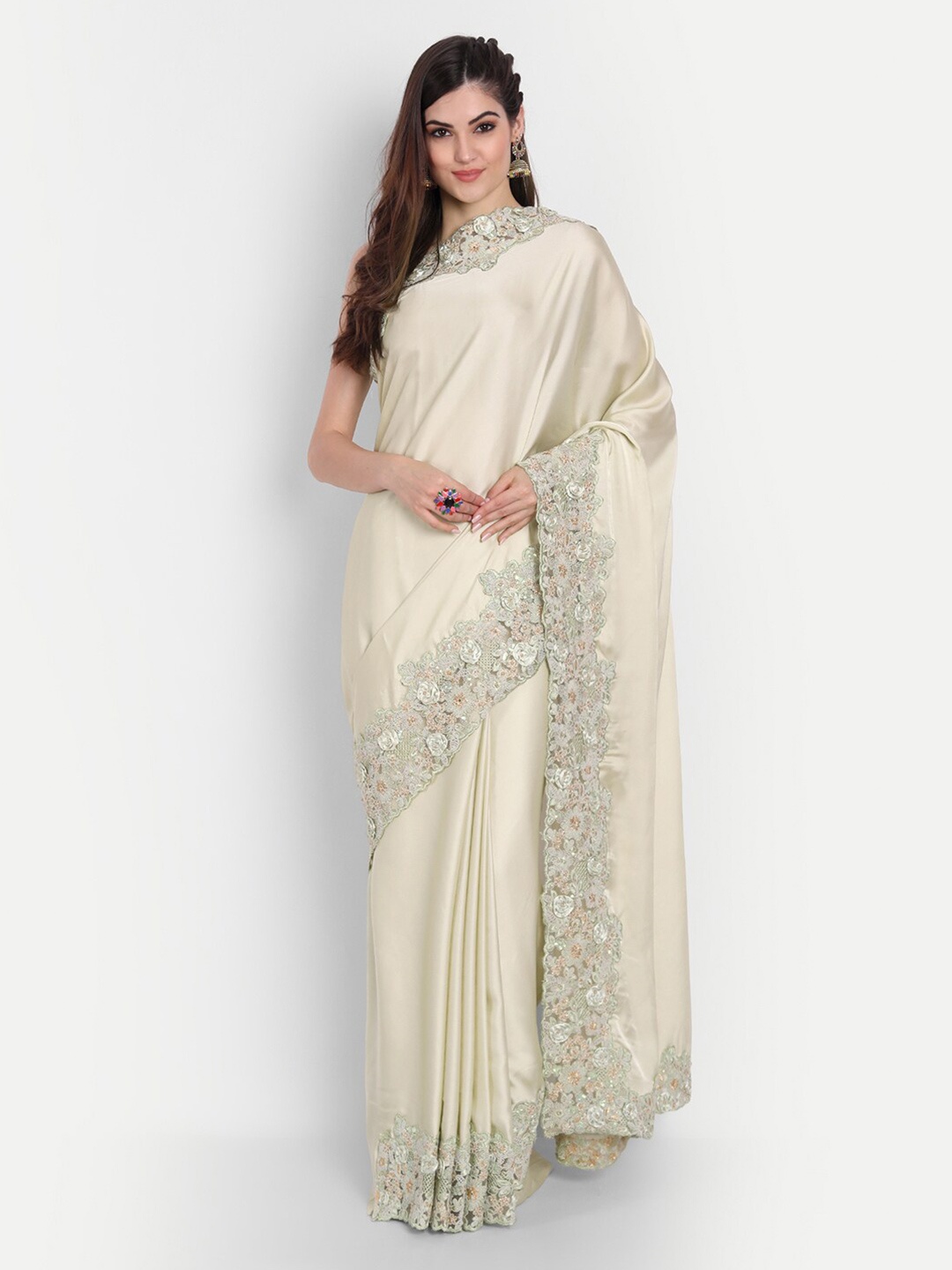 

kasee Green Floral Embroidered Satin Saree