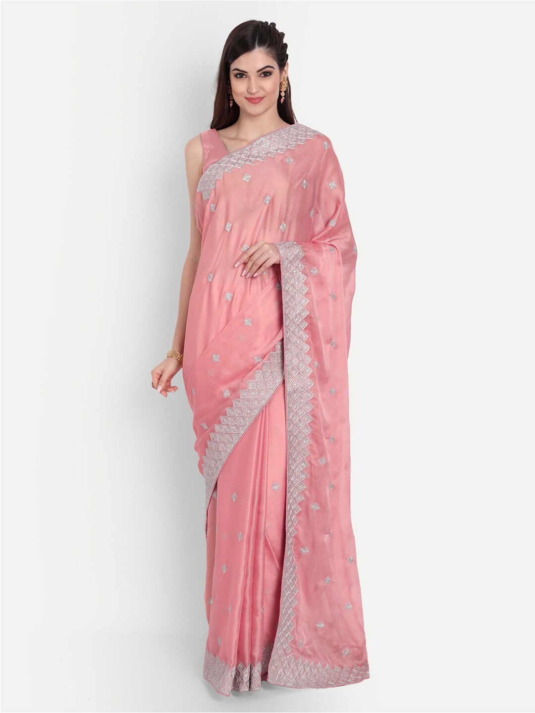 

kasee Pink & Silver-Toned Floral Embroidered Pure Chiffon Saree With Blouse