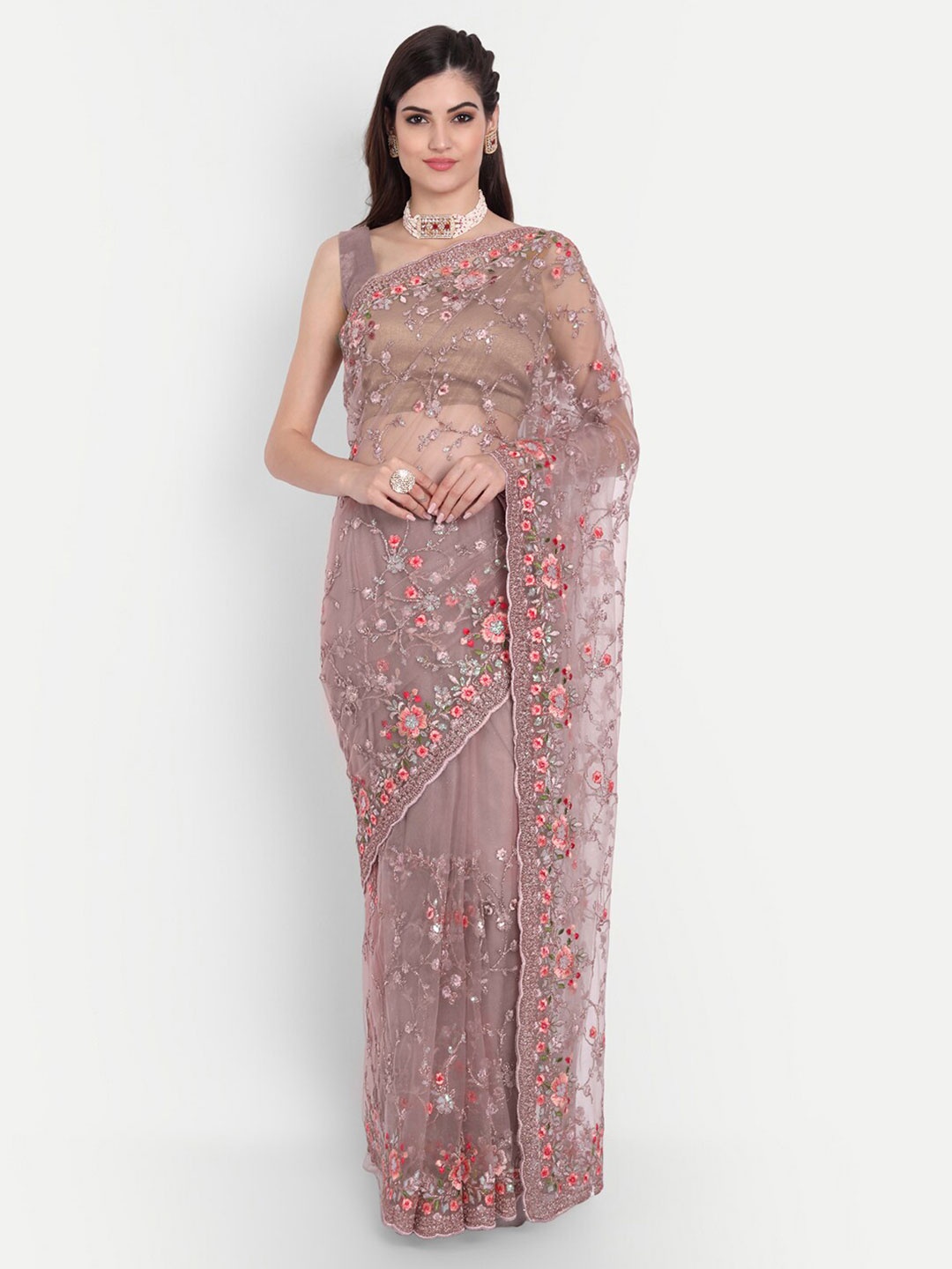 

Kasee Lavender & Red Floral Embroidered Net Saree