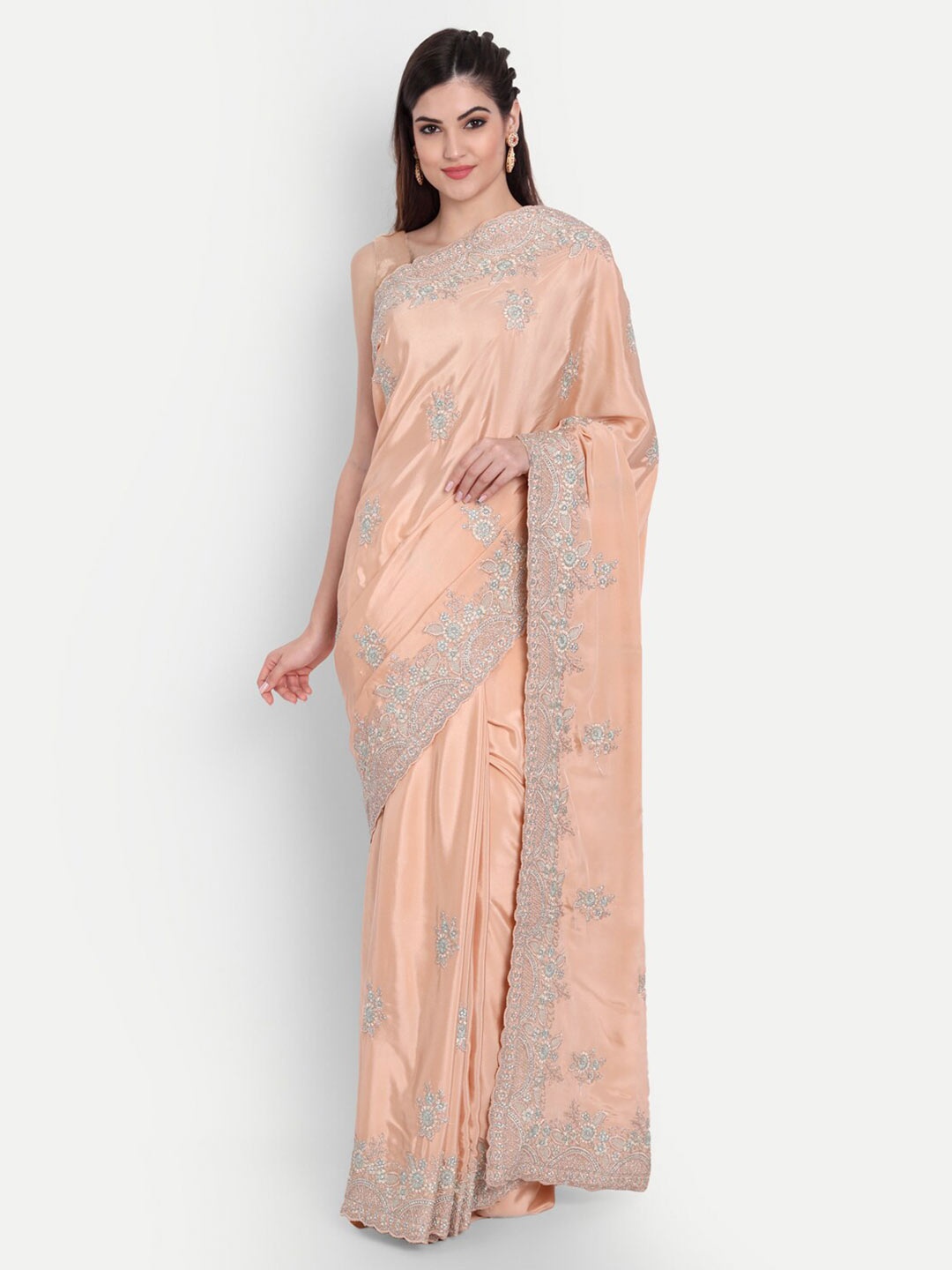 

kasee Women Peach-Coloured & Silver-Toned Floral Embroidered Pure Crepe Saree