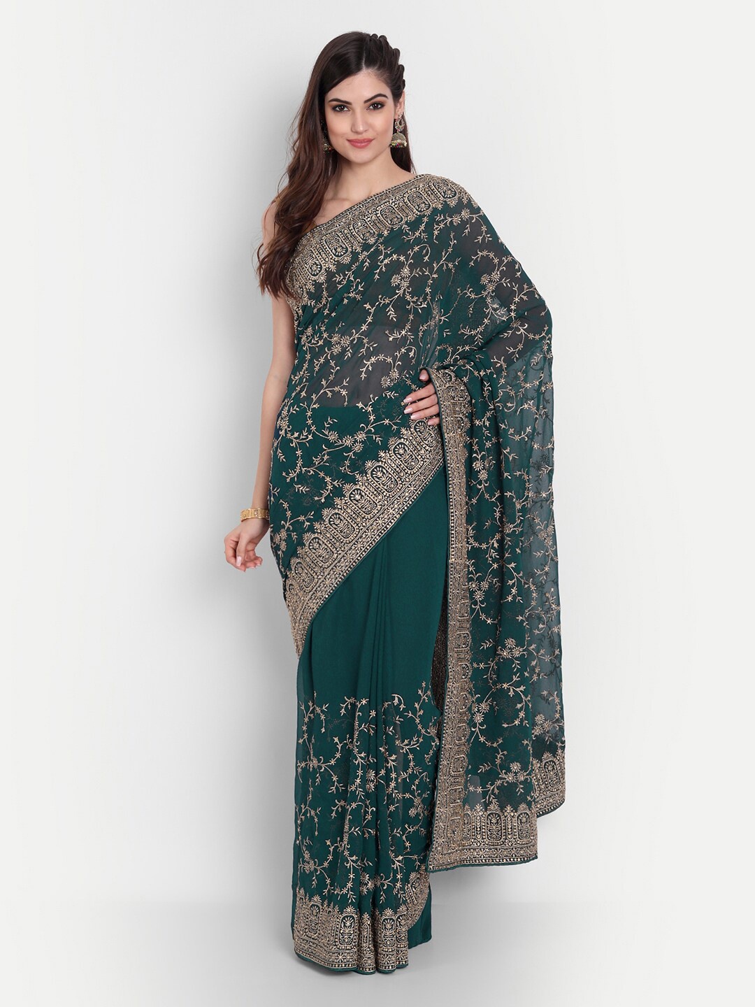 

kasee Blue & Gold-Toned Floral Embroidered Pure Georgette Saree